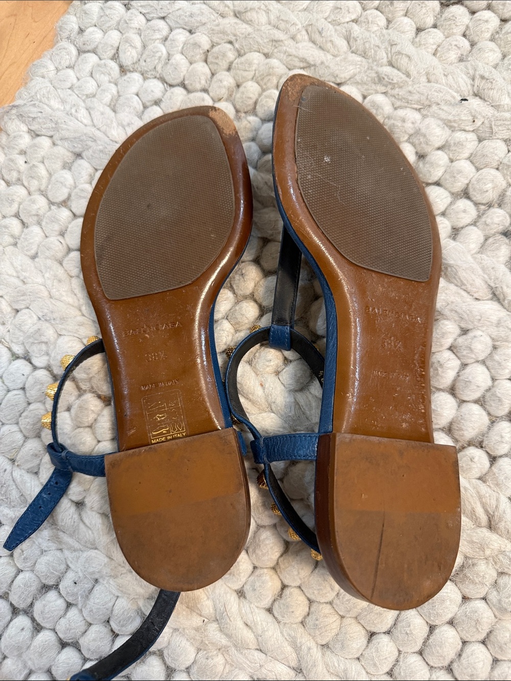 Balenciaga Blue Leather T-Strap Sandals with Gold Stud Accents - Picture 3 of 3